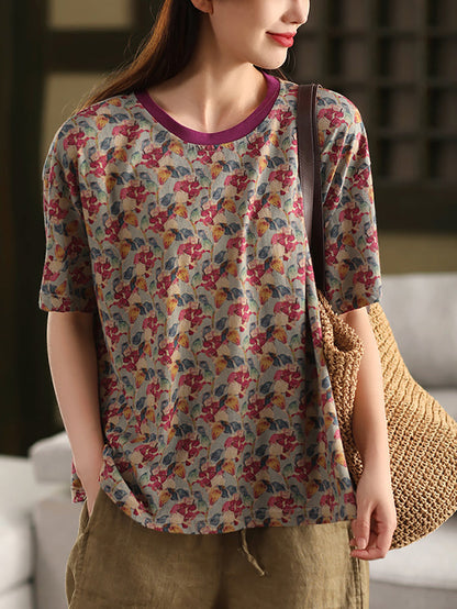 Retro O-Neck 100%Cotton Women Flower Summer Shirt