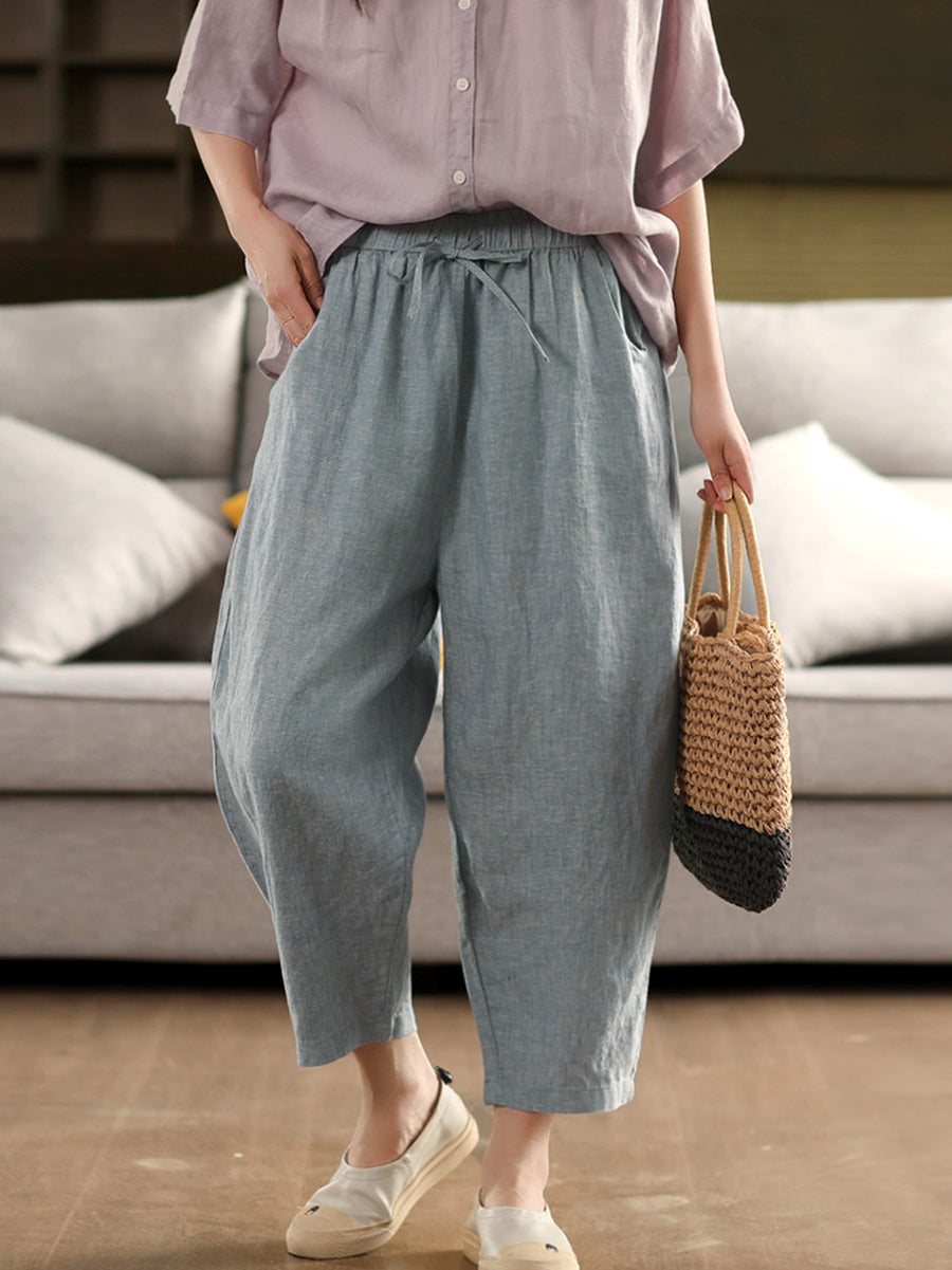 Women Retro Harem Summer Pants 100%Linen Color Pure