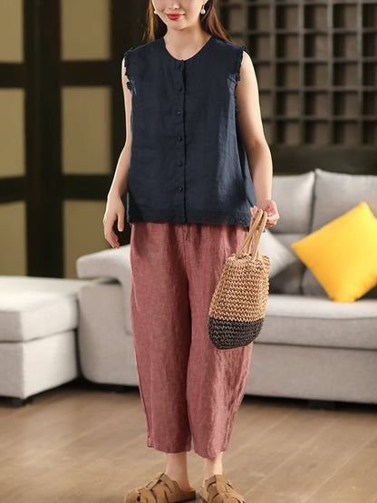 Women Retro Harem Summer Pants 100%Linen Color Pure