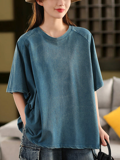 Summer 100%Cotton Women Shirt O-Neck Pure Color Casual