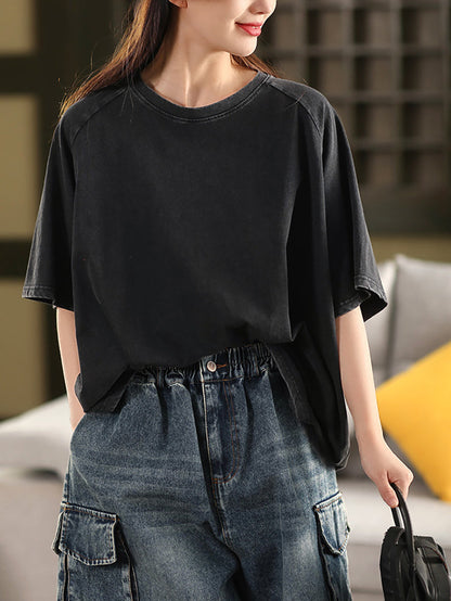 Summer 100%Cotton Women Shirt O-Neck Pure Color Casual