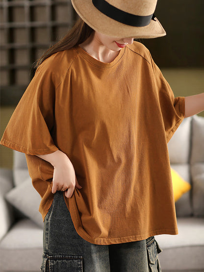 Summer 100%Cotton Women Shirt O-Neck Pure Color Casual