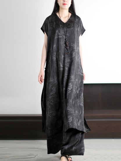 Vintage Summer Suits Flower Loose V-Neck Women