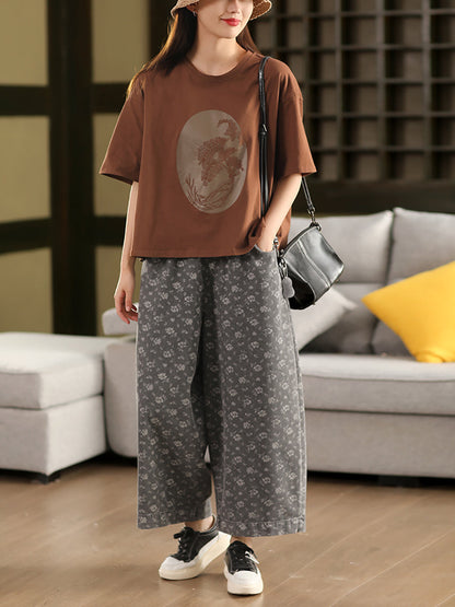 Worn Denim Wide-leg Floral Women Loose Pants
