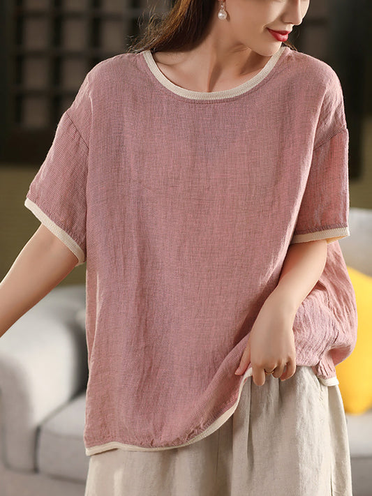 Plaid O-Neck Artsy 100%Hemp Summer Shirt Colorblock Women