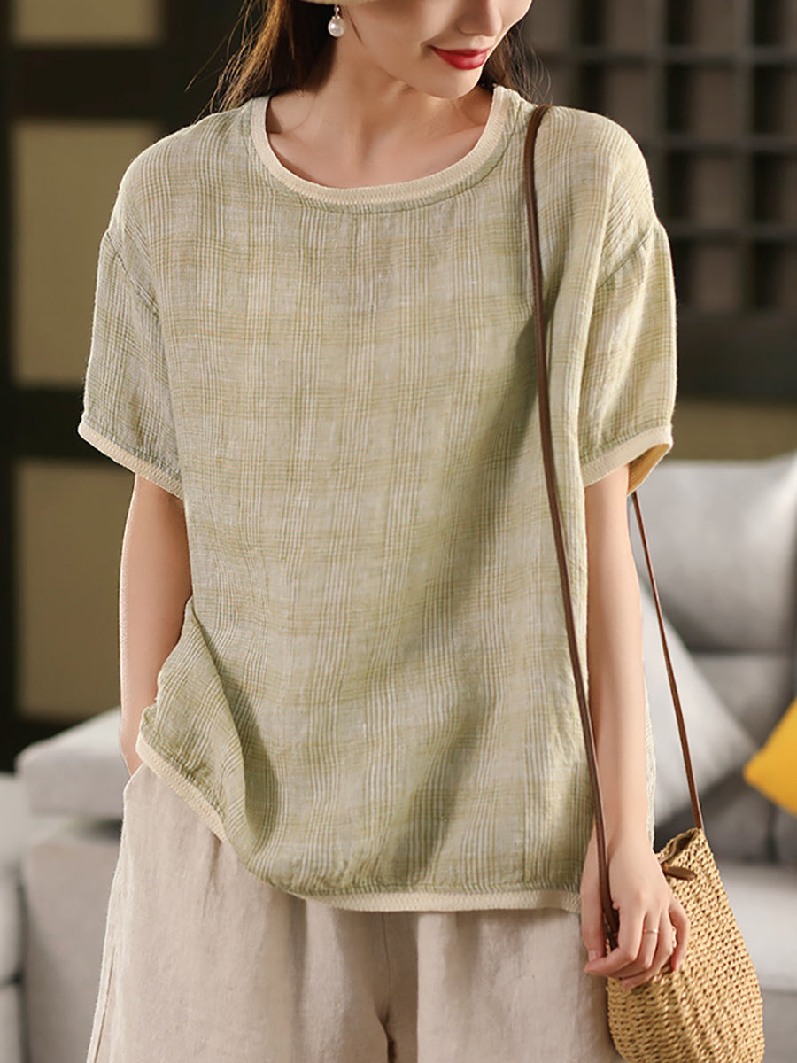 Plaid O-Neck Artsy 100%Hemp Summer Shirt Colorblock Women