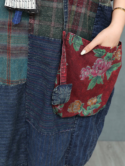 Patchwork Cotton Women Summer Retro O-Neck Dress