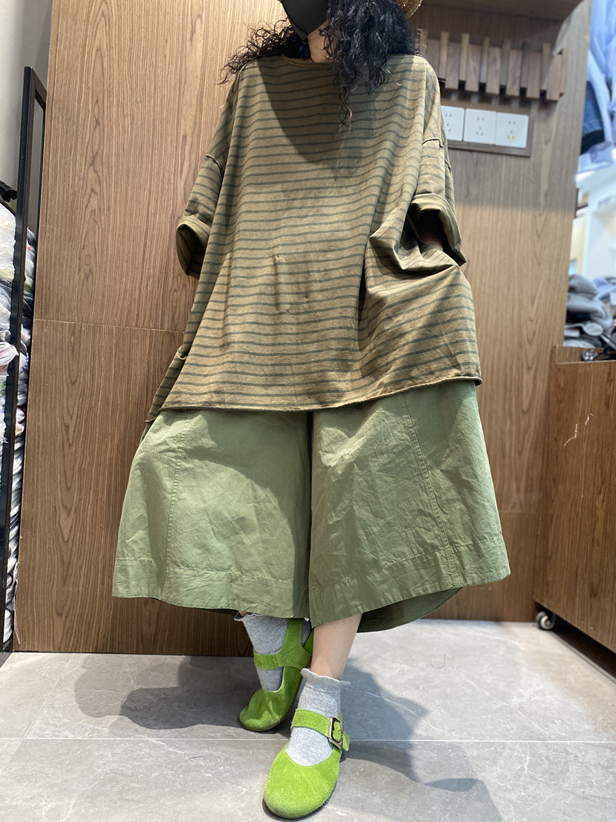 Cotton Shirt O-Neck Stripe Summer Casual Women