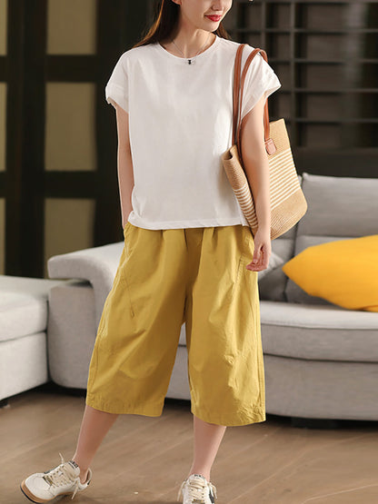 Pants 100%Cotton Casual Pure Color Cropped Women
