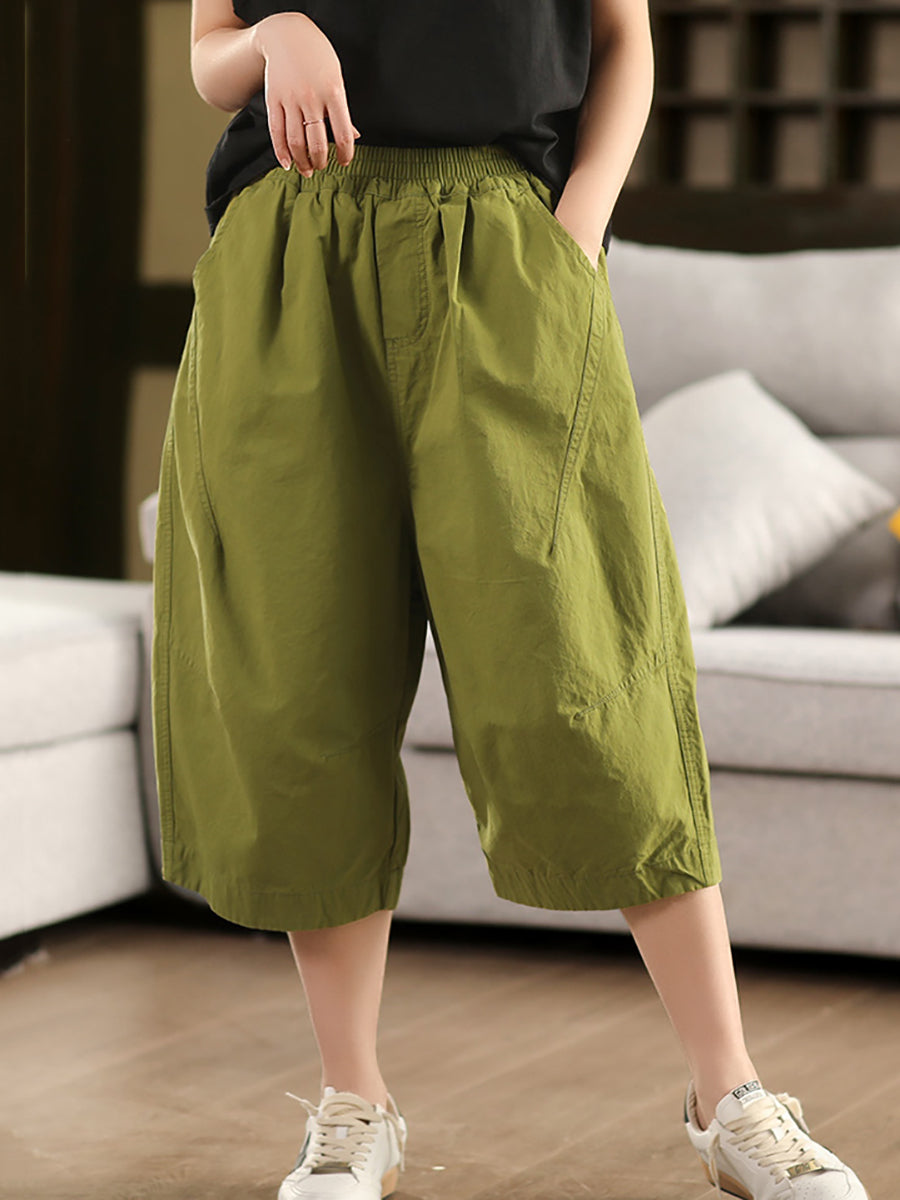 Pants 100%Cotton Casual Pure Color Cropped Women