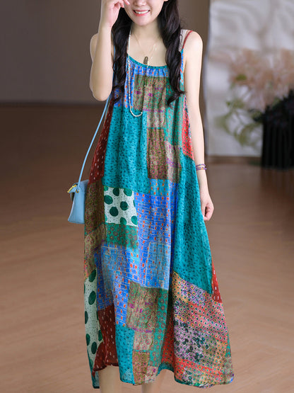 Women Vest O-Neck Artsy Summer Dress 100%Ramie Flower