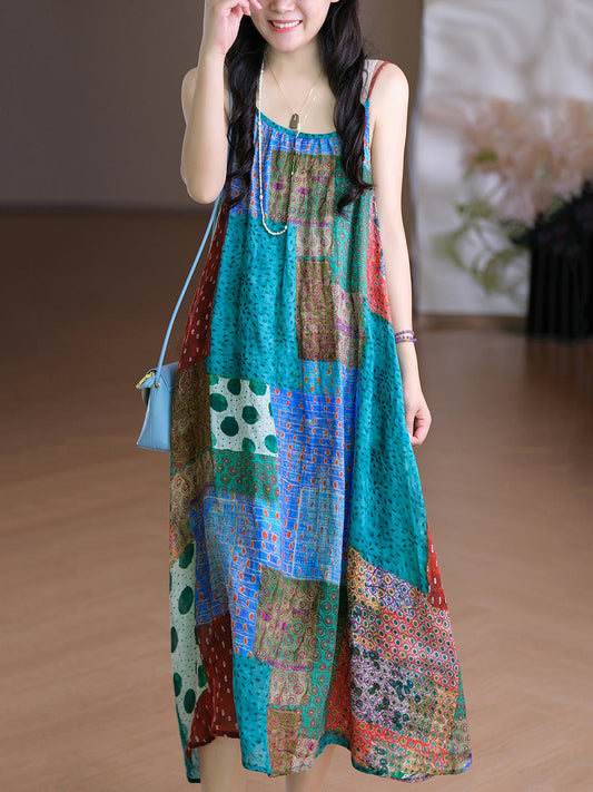 Women Vest O-Neck Artsy Summer Dress 100%Ramie Flower