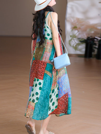 Women Vest O-Neck Artsy Summer Dress 100%Ramie Flower