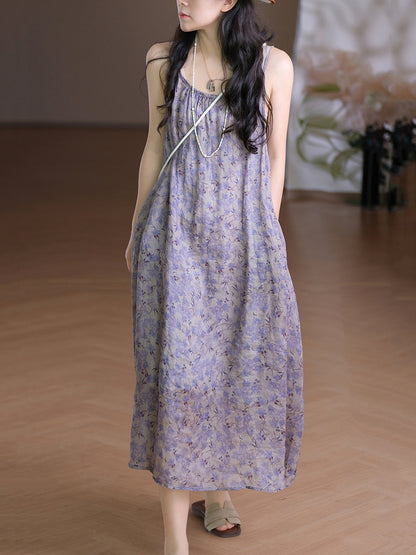 Women Vest O-Neck Artsy Summer Dress 100%Ramie Flower