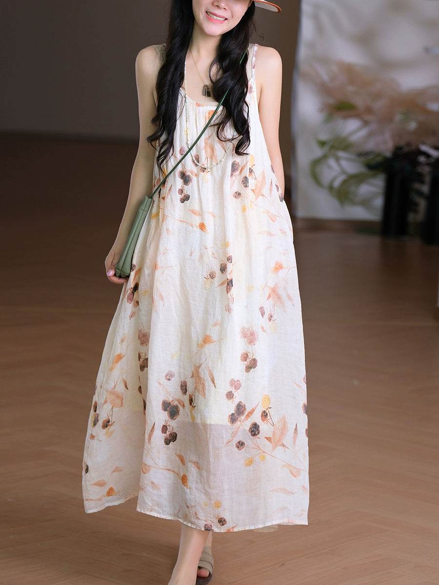 Women Vest O-Neck Artsy Summer Dress 100%Ramie Flower