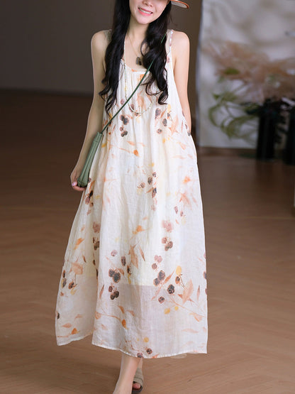 Women Vest O-Neck Artsy Summer Dress 100%Ramie Flower