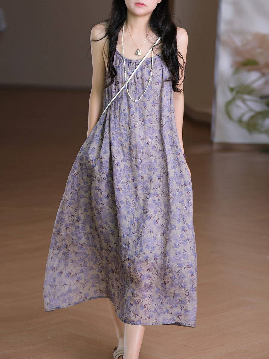 Women Vest O-Neck Artsy Summer Dress 100%Ramie Flower