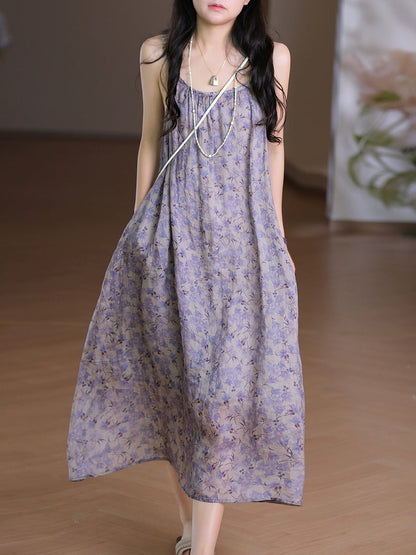 Women Vest O-Neck Artsy Summer Dress 100%Ramie Flower