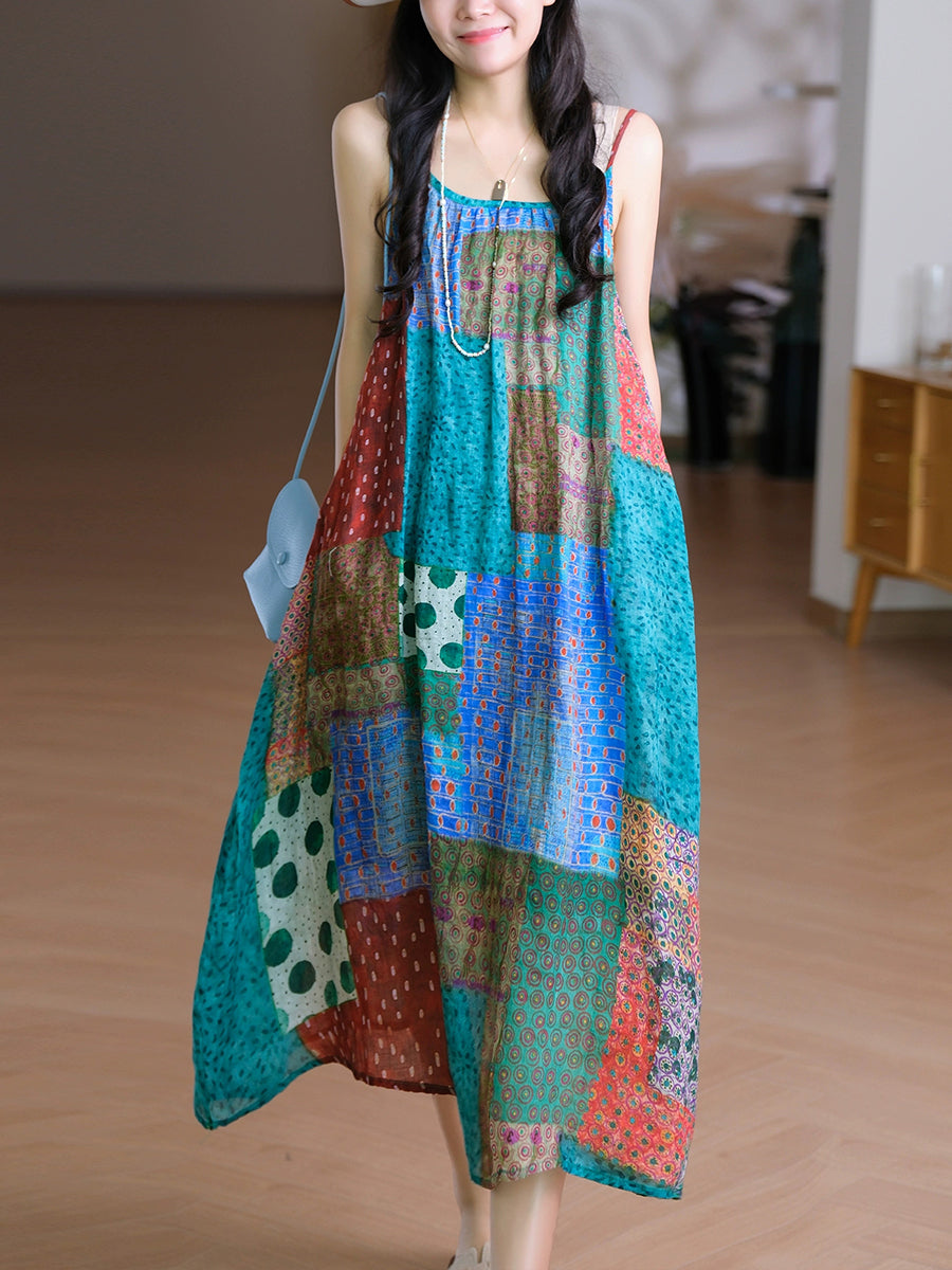 Women Vest O-Neck Artsy Summer Dress 100%Ramie Flower