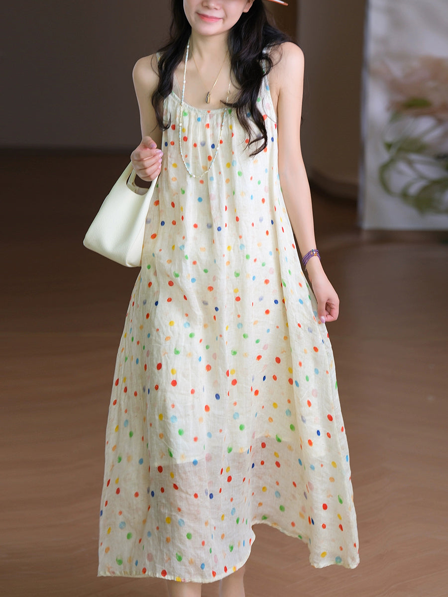 Women Vest O-Neck Artsy Summer Dress 100%Ramie Flower