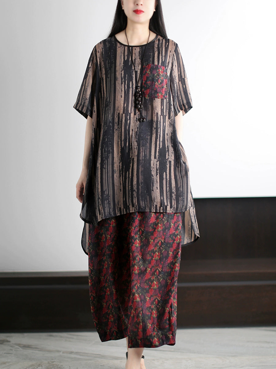 Summer Vintage O-Neck Stripe Women Suits Loose