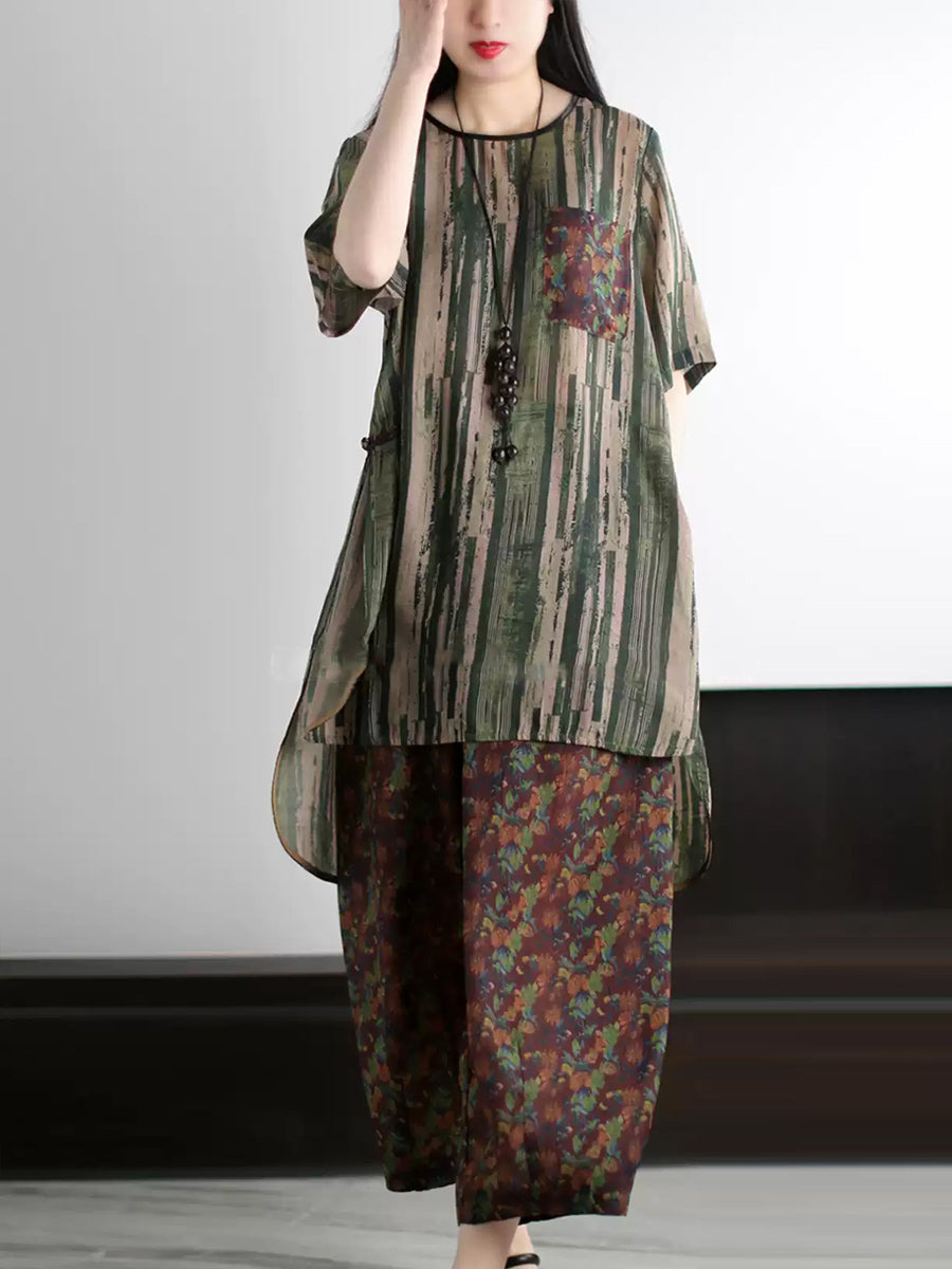 Summer Vintage O-Neck Stripe Women Suits Loose