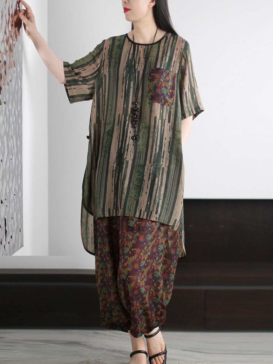 Summer Vintage O-Neck Stripe Women Suits Loose