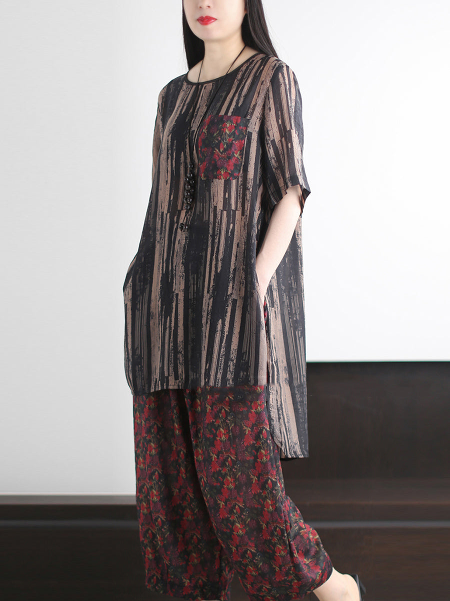 Summer Vintage O-Neck Stripe Women Suits Loose