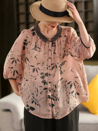 100%Ramie Shirt Summer Turn-down Artsy Collar Flower Women