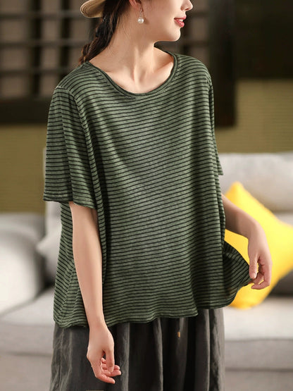 Casual Linen Cotton O-Neck Shirt Stripe Summer Women