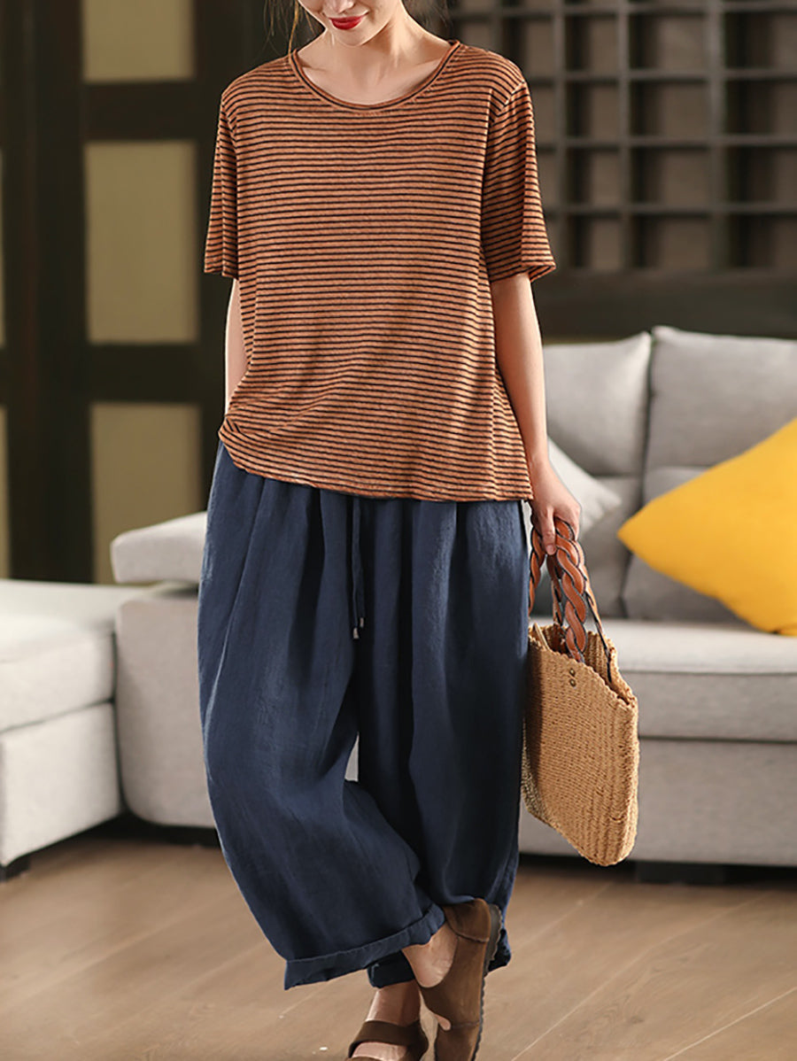 Casual Linen Cotton O-Neck Shirt Stripe Summer Women