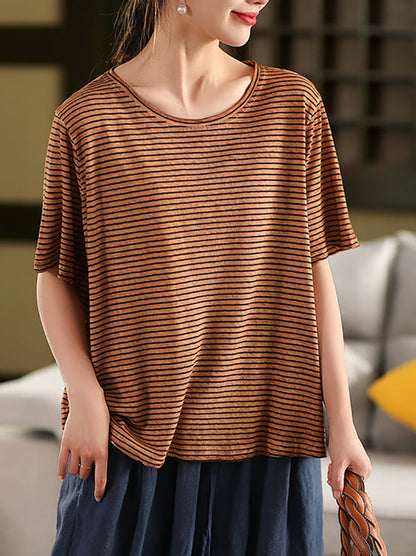 Casual Linen Cotton O-Neck Shirt Stripe Summer Women