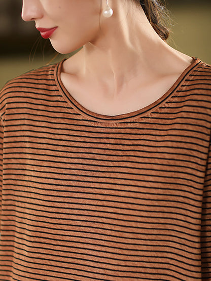 Casual Linen Cotton O-Neck Shirt Stripe Summer Women