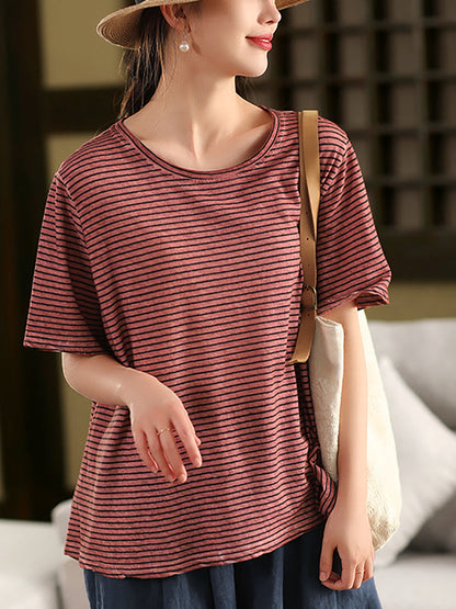 Casual Linen Cotton O-Neck Shirt Stripe Summer Women
