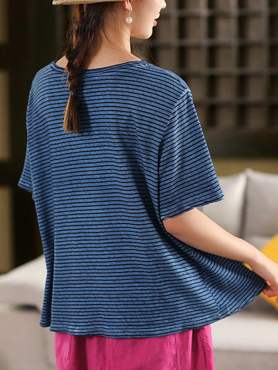 Casual Linen Cotton O-Neck Shirt Stripe Summer Women