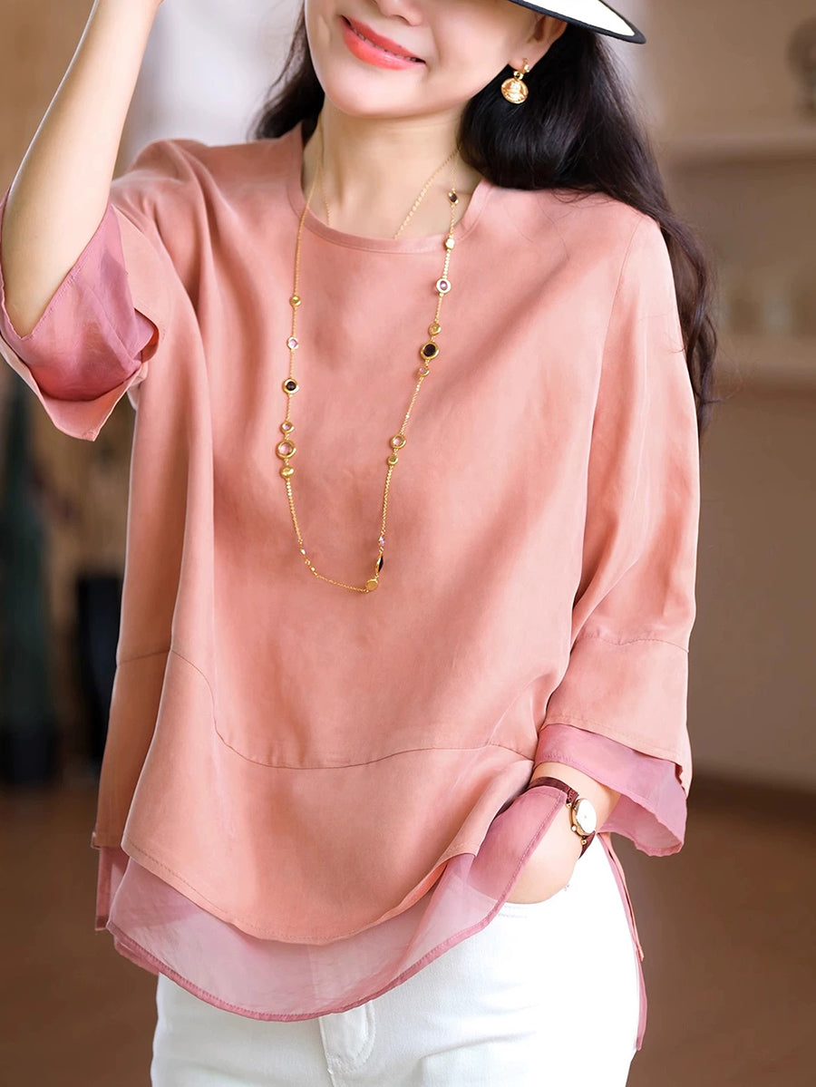 Color Pure Summer O-Neck Spliced Women Shirt Artsy