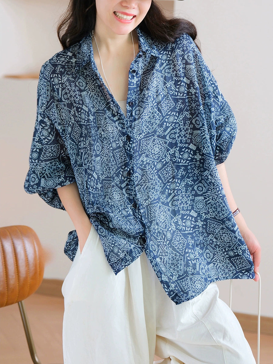 Shirt Print Women Collar Summer Turn-down Artsy 100%Ramie