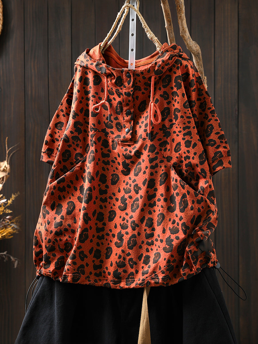 Summer Hooded Shirt Leopard Women Artsy