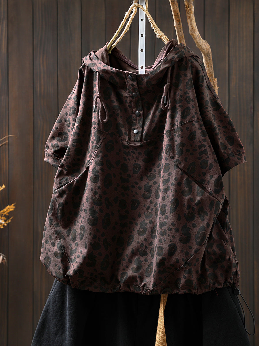 Summer Hooded Shirt Leopard Women Artsy