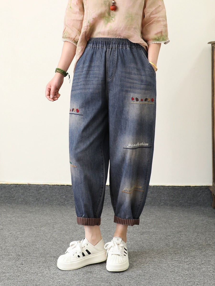 Retro Summer Women Embroidery Denim Pants Harem