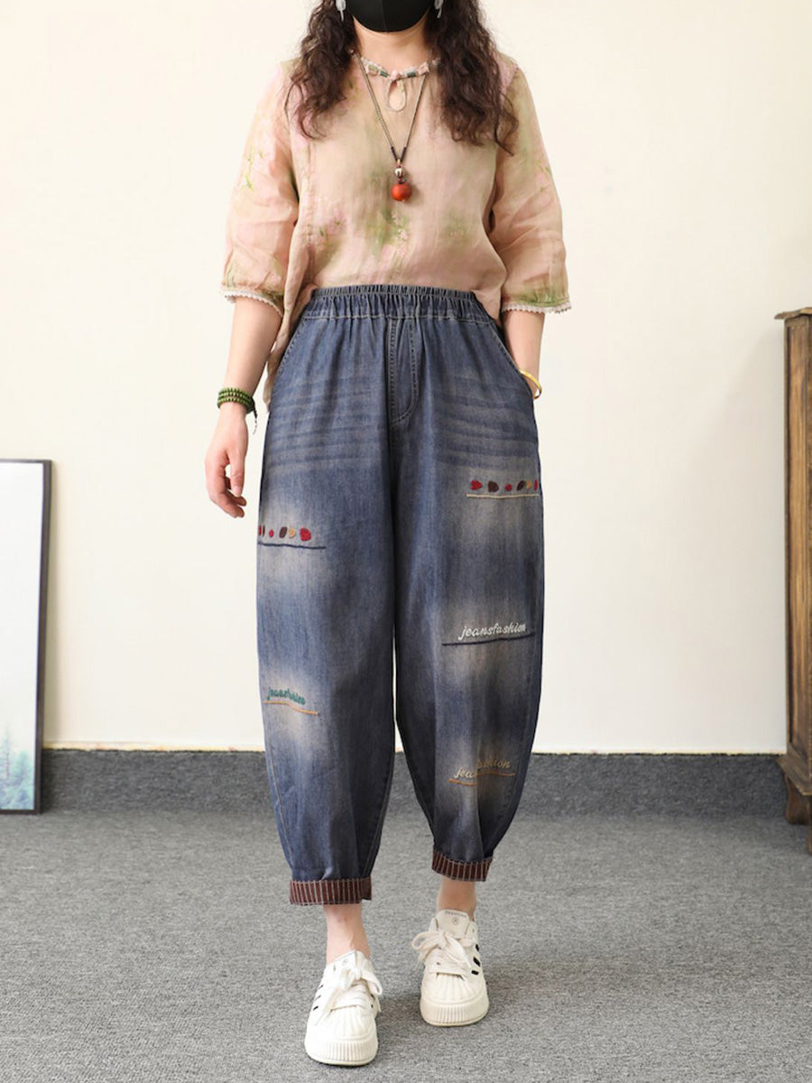 Retro Summer Women Embroidery Denim Pants Harem