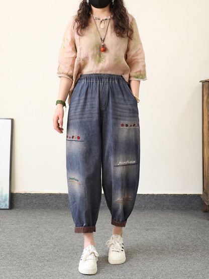 Retro Summer Women Embroidery Denim Pants Harem