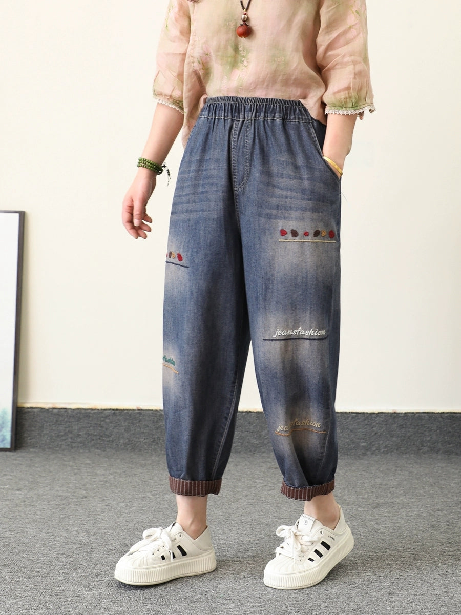 Retro Summer Women Embroidery Denim Pants Harem