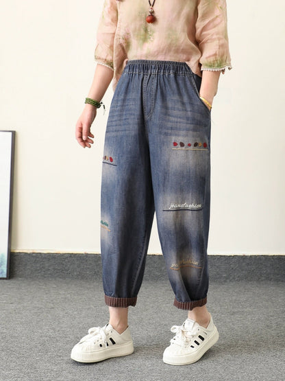 Retro Summer Women Embroidery Denim Pants Harem