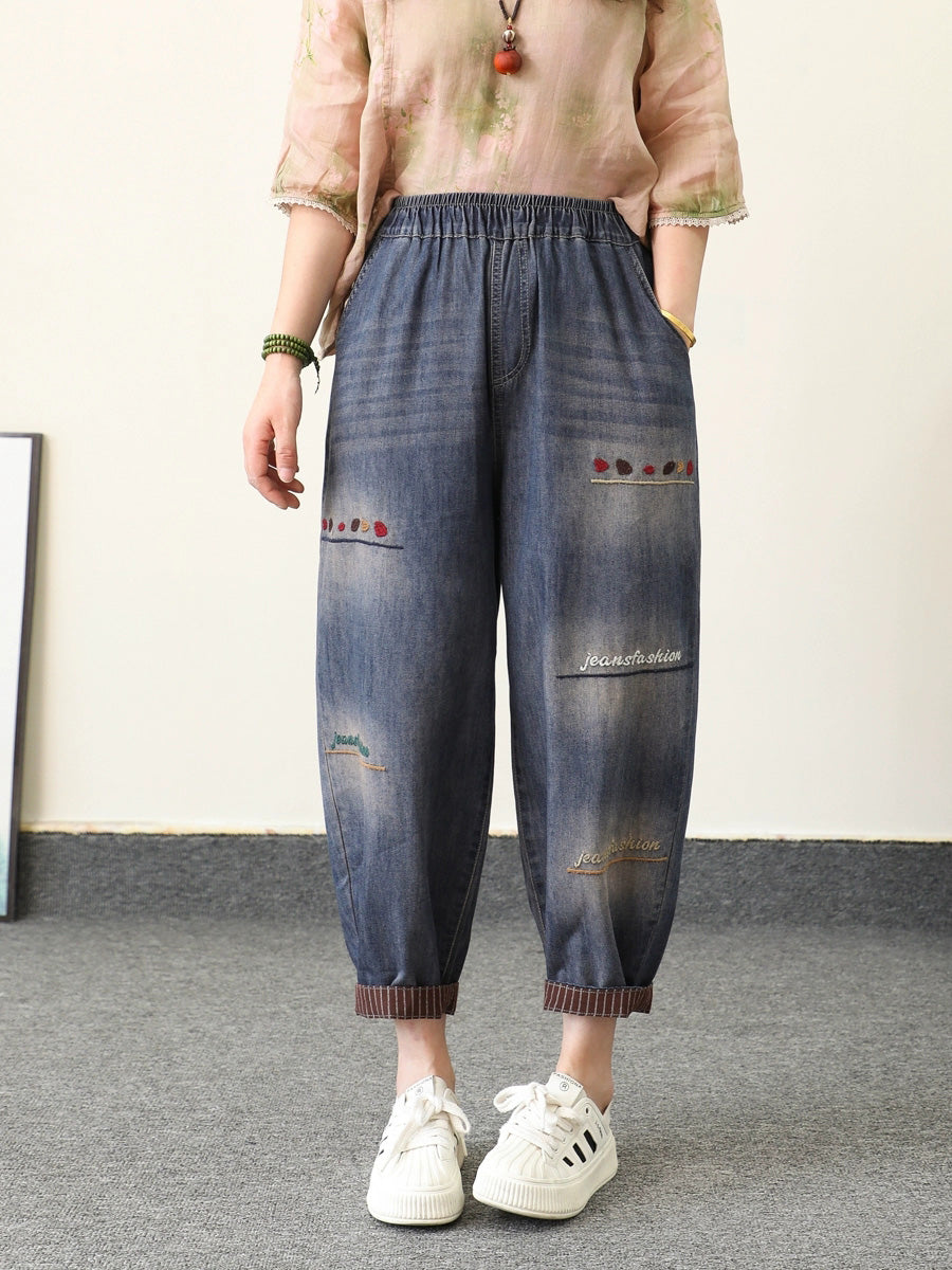 Retro Summer Women Embroidery Denim Pants Harem