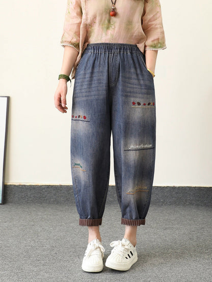 Retro Summer Women Embroidery Denim Pants Harem