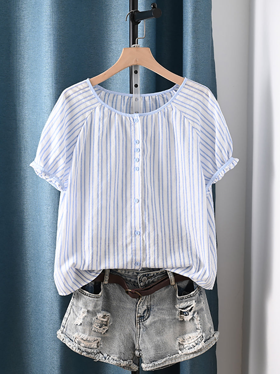 Summer Shirt Artsy Plaid 100%Cotton Women O-Neck Stripe