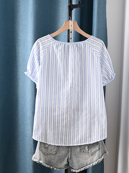 Summer Shirt Artsy Plaid 100%Cotton Women O-Neck Stripe