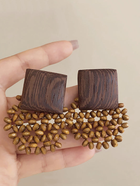 Square Vintage Wooden Bead Women Flower Earrings