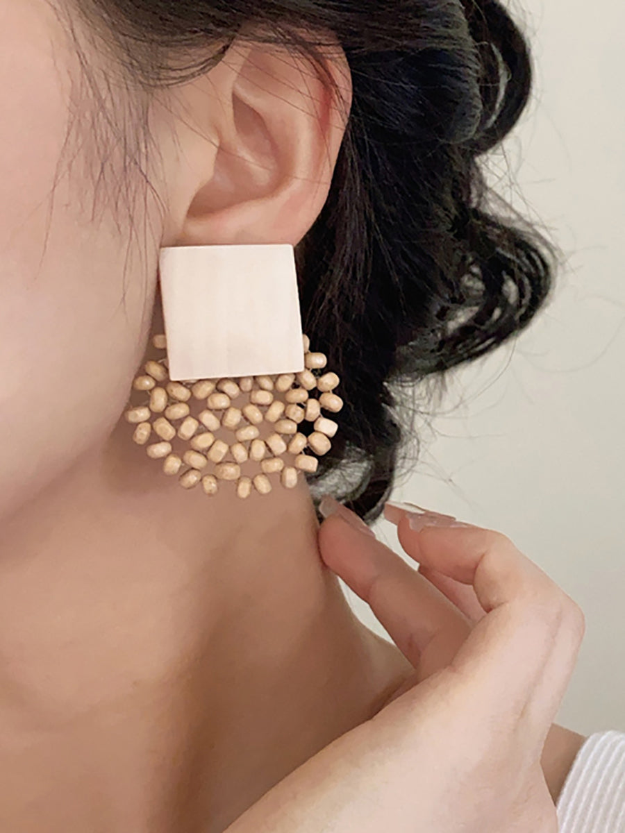 Square Vintage Wooden Bead Women Flower Earrings